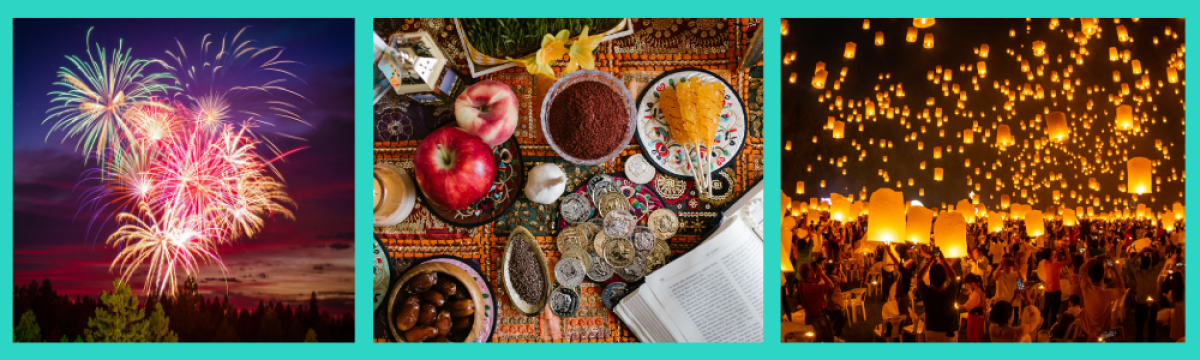 A light blue banner with three images on it. Far left shows a firework display. The middle shows a table with plates of food. Far right shows lots of lanterns against a dark sky.