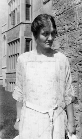 A black and white photograph of Cecil Payne-Gaposchkin. She is standing and looking to one side.