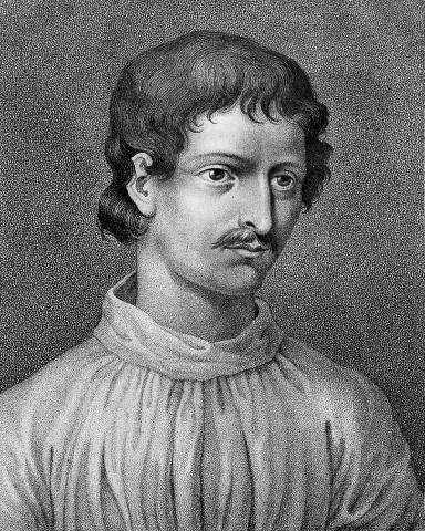 Black and white portrait of Giordano Bruno, featuring a man with wavy, shoulder-length hair, a thin mustache, and a serious expression. He is wearing a high-necked, loose garment, and the background is textured