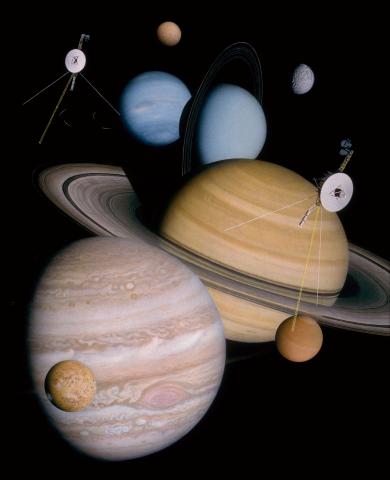 Illustration showing the Voyager probes near the outer planets, including Jupiter, Saturn, Uranus, and Neptune. The planets and their moons are depicted with the spacecraft appearing small in comparison