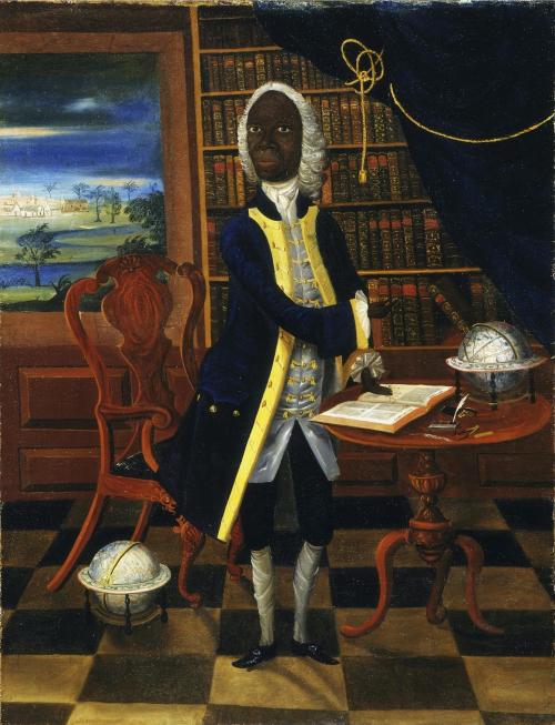 A painted portrait of a black moon standing beside a table and chair with a bookcase behind him. He wears a formal coat and breeches. A world globe is on the floor, and a celestial globe is on the table. The man rests his hand on an upon book. A landscape of a small town surrounded by grass and a river is visible through the window.