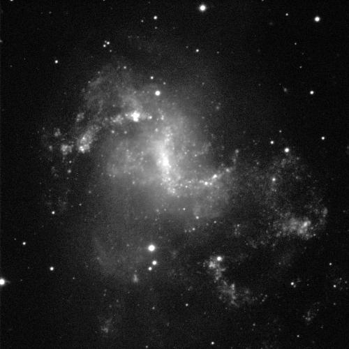 A spiral galaxy against a black background with some small dots of stars. The centre of the galaxy, in the middle of the image, appears almost like a thick, white, vertical line. A spiral arm extends away towards the left and the right, with fuzzy grey around the galaxy's centre and spiral arms.