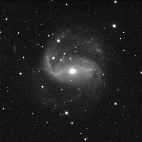 A spiral galaxy angled face-on against a black background with white dots of stars. The galaxy has a small, circular, bright, white centre and dusty grey spiral arms sweeping around it. The upwards arm is more visible than the downwards arm.