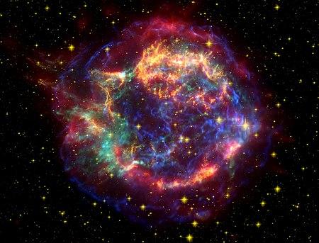 An observation of Cassiopeia A showing rings of colourful gas
