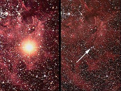 Side by side photos of a section of the magellanic cloud during and before the explosion of a supernova which can be seen as a bright star in the explosion image.