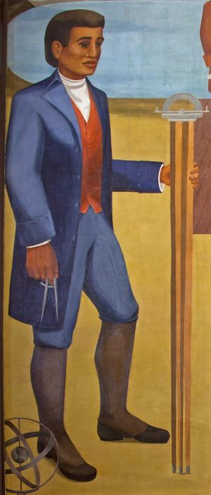 A painting of a black man wearing a blue suit with an orange waistcoat. He holds a compass in one hand, and his other is wrapped around a large rectangular stick that has a protractor on top.