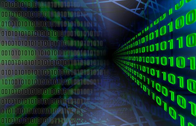 An illustration showing binary code (0's and 1's) on the left of the image, the numbers fading towards the centre. There are more numbers on the right, in green, angled so that they appear to be traveling backwards towards the centre of the image. In the background, there are parts of a grey-blue framework.
