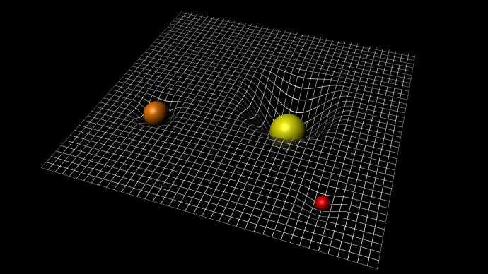 A white meshed grid against a black background. Three spheres of different size and mass sit on the grid, appearing to distort the grid beneath it. The largest sphere is yellow and causes the most distortion, with the next smallest being orange that causes less distortion. A red sphere is the smallest, with the mesh around it barely being distorted.