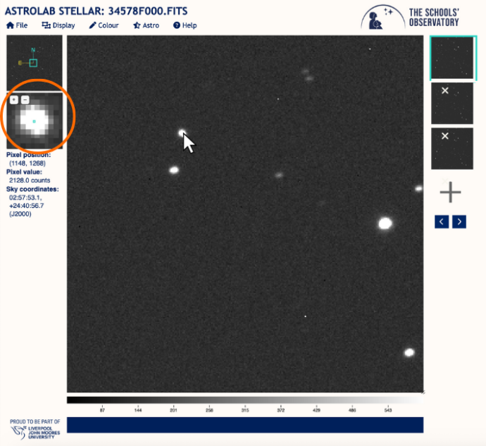 A screenshot of the image software AstroLab. There is a large image of a dark sky with a few white dots in the centre. A mouse cursor is placed over one of the dots. To the images left, a smaller box shows a zoomed in view of where the cursor is. This box has been circled in orange.