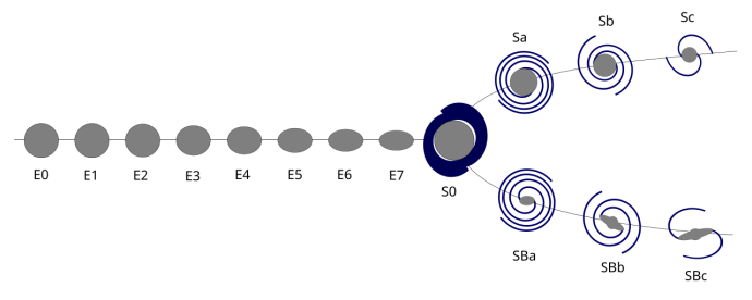 An outline of a tuning fork on its side, the prongs facing right. Along the body, there are eight grey spheres, with each becoming more elongated in the horizontal. These are labelled "E0" to "E7". At the end, a larger grey sphere labelled "S0" has a thick ring around it. Each prong has three spheres with blue spiral arms, the arms becoming looser in each time. The top row are all spheres, labelled "Sa" to "Sc", but the bottom row has a grey bar through the sphere and these are labelled "SBa" to "SBc".