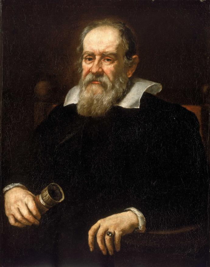 A painting of Galileo Galilei. He is sat down in a chair and holding a retracted telescope in one hand.
