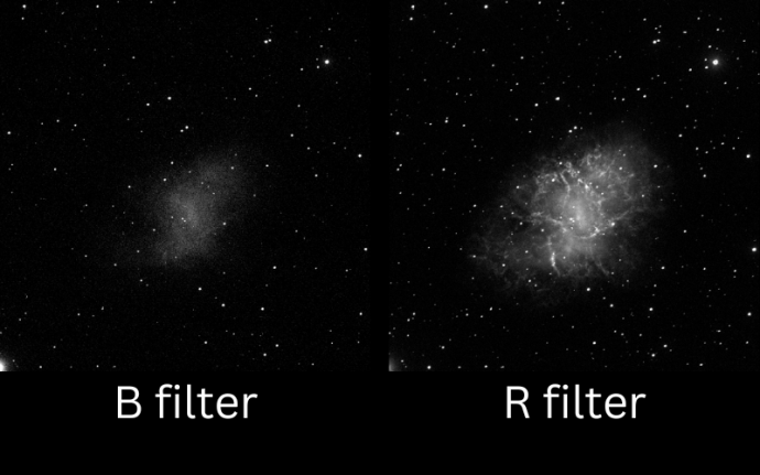 Side by side images of a nebula. On the left, labelled "B filter", there is a fuzzy grey cloud in the centre against a black background with white dots of various sized stars. This is repeated on the right, labelled "R filter", but more stars are visible and the cloudy patch is brighter with more detail.