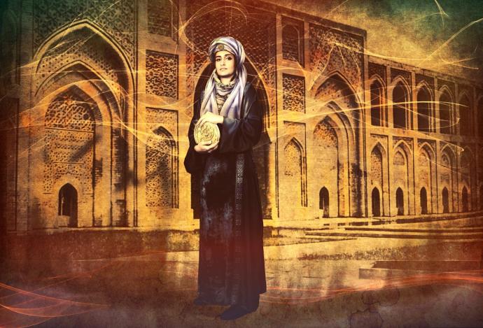 An artists idea of what Maryam al Ijiliya looked like, a woman stands in purple clothes holding a golden astrolabe