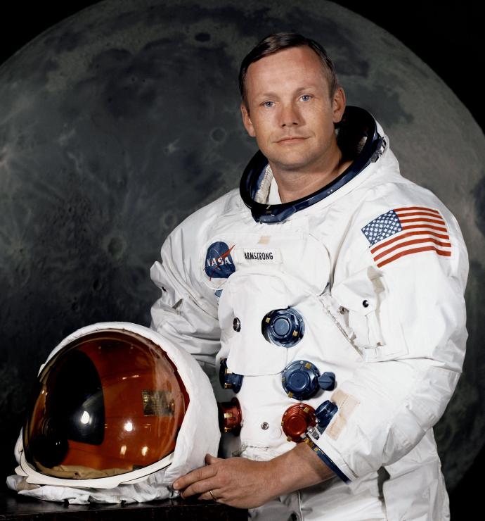A portrait of astronaut Neil Armstrong in his NASA spacesuit, standing with one hand on his helmet. The moon is visible in the background, symbolizing his role as the first person to walk on the lunar surface during the Apollo 11 mission