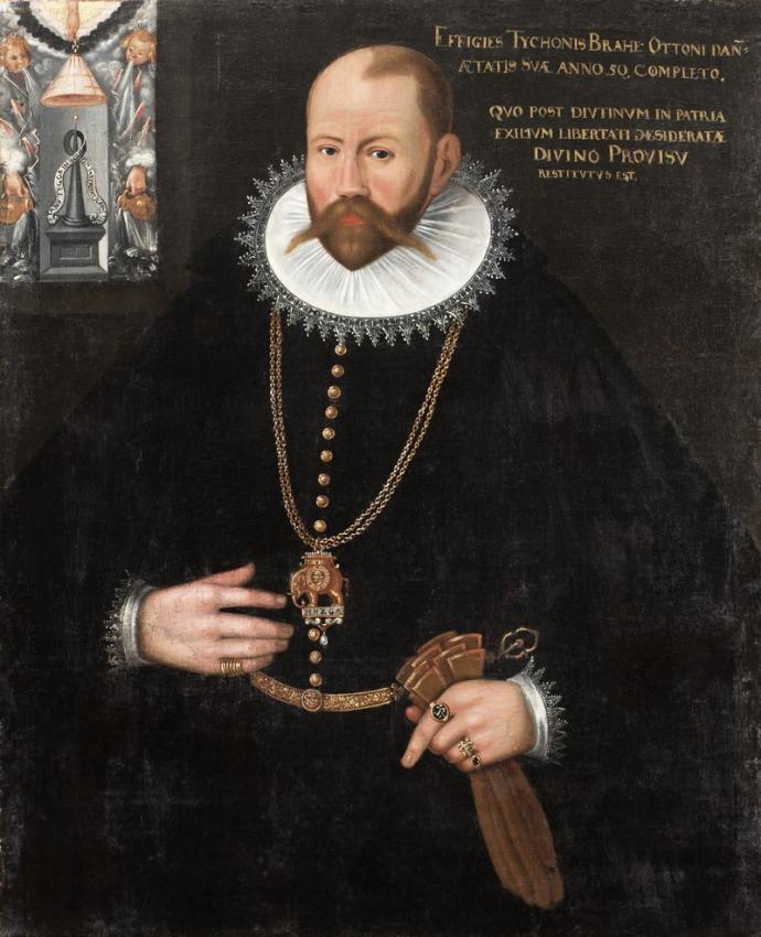 A formal portrait of Tycho Brahe, the renowned Danish astronomer, dressed in elaborate 16th-century attire, with a distinctive ruffled collar and gold chains. He holds a sword and is adorned with rings and a medallion. Latin inscriptions are present in the background, along with symbolic illustrations