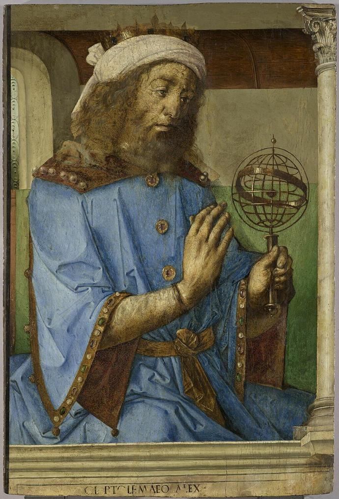 A painting of Claudius Ptolemy. He is sat down and holding a gold armillary sphere model in one hand.