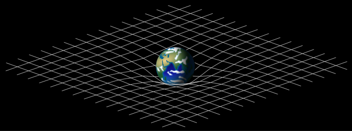 The Earth sits on a latticed grid. Beneath the planet, the grid is curved and has deformed around the shape.